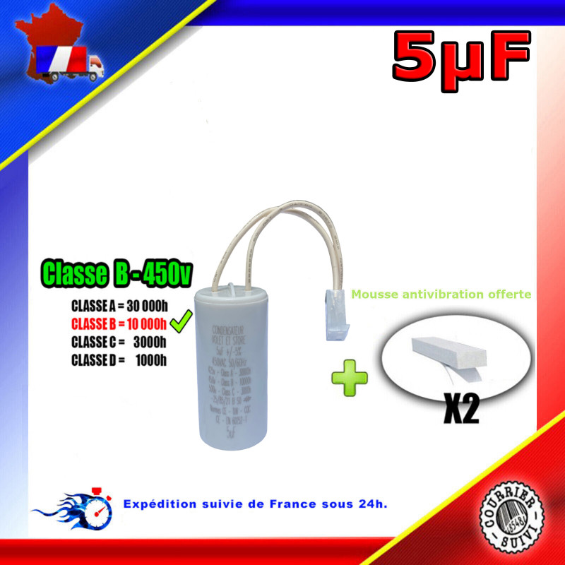 Condensateur 5µF 450V CBB60 Pour Moteur De Volet Roulant Ou Store - Marque AccesElectro - Blanc - Film Polypropylène - Neuf
