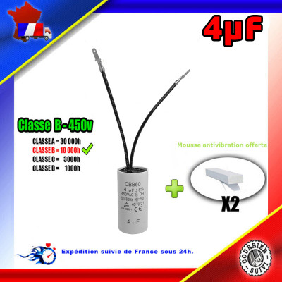 Condensateur de démarrage de 4μF (4uF) fils connecteurs 2,8mm males pour moteur volet roulant - store